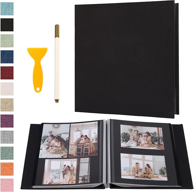 Photo Album Self Adhesive Pages Black Sticky Pages Large Scrapbook Linen Cover for 4x6 5x7 8x10 Pictures Album de Fotos Wedding Couples Baby Family Memory Book, 11x10.6 Black 60 Pages