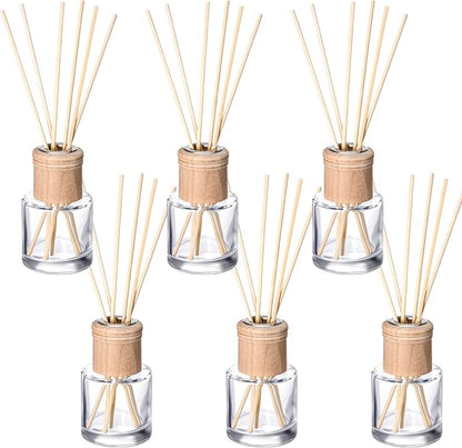 Roshtia 6 Set Reed Diffuser Bottle Empty Refillable Fragrance Glass Diffuser Bottles Set with Wooden Caps Sticks 50ml 1.7 oz Round Glass Jars for DIY Fragrance