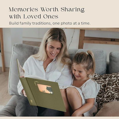 Premium Scrapbook Album with Window and Writing Space – 100 Pages holds 500 Photos of Different Sizes – Wedding, Baby, Travel & Family Memories – 13" x 11.6" - Olive