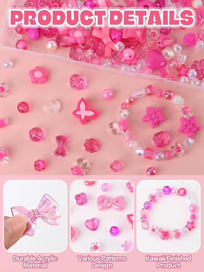 150PCS Acrylic Pastel Beads for Jewelry Making, Kalolary Colorful Bow Butterfly Flower Kawaii Plastic Candy Heart Cute Macaroon Aesthetic Beads for Bracelet Necklace DIY Supplies (Rose Pink)