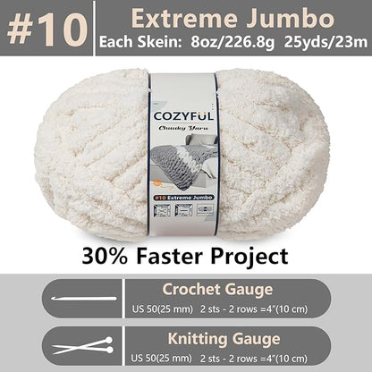 Chunky Yarn for Hand Knitting - #10 Chunky Chenille Yarn, Jumbo Big Thick Chunky Yarns for Crocheting, Super Bulky Chunky Knit Blanket Yarns, 8 Skein (25 yds 8 oz Each Skein), Beige White