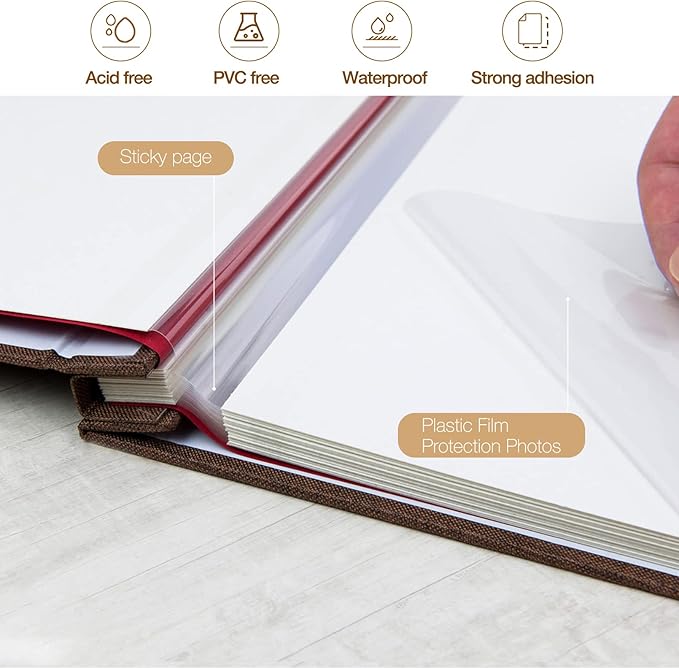 potricher Large Photo Album Self Adhesive 3x5 4x6 5x7 8x10 Pictures Linen Cover 80 Blank Pages Magnetic DIY Scrapbook Album with A Metallic Pen (Brown, 11x10.6 inch 80 Pages)