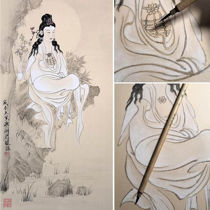 Qi Ming Wen Fang Chinese Calligraphy Brush set for Slender Gold, 100% Weasel Hair Small Regular Chinese brush for Script 1-3.5cm, Sumi and China Painting Brushes 3pcs Set (QingHui S M L 3/pk)