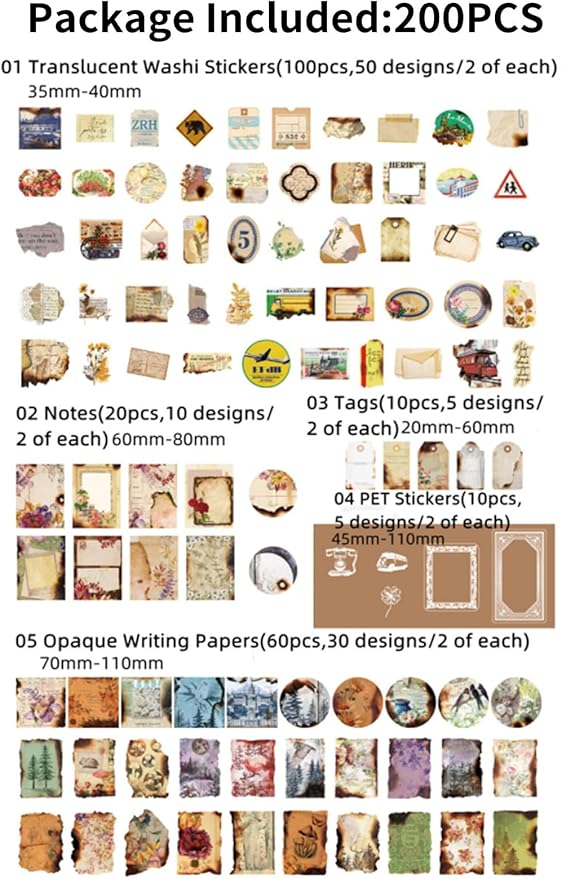 200PCS Vintage Scrapbooking Supplies Pack for Junk Journal Planners Decoupage Paper Scrapbook Stickers Aesthetic Cottagecore Collage Craft Album (Dappled Marks)