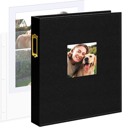 Vienrose 8.5x11 Inch Large 3 Ring DIY Scrapbook Photo Album Leather Cover Scrap Book Albums Blank Scrapbooks Photobook with 30 Plastic Sleeves 60 Pages for Wedding Baby Family Anniversary (Black)