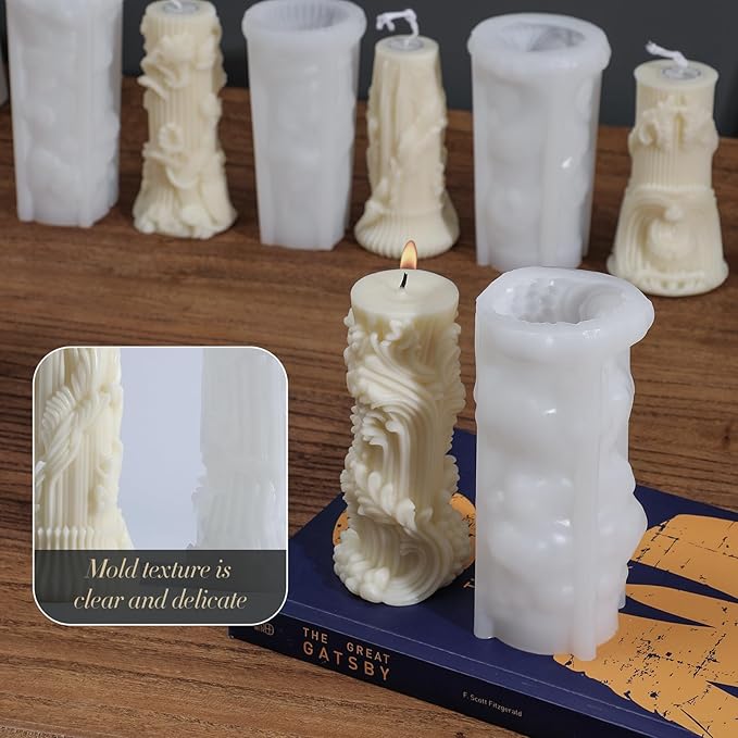 Roma Pillar Silicone Candle Mold with Wick Pin and 50 Wicks Epoxy Wax Molds Silicone Shapes Taper Mold for Candle Craft Making Gift Decoration