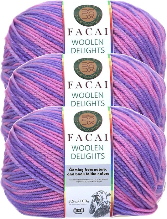 Facai Blend Merino Wool Yarn for Knitting - Worsted Weight,197yds (3.5oz) Ball, Ideal for Sweaters, Scarves, and Accessories (3, Purple Ombré)
