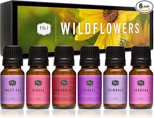 P&J Trading Wildflowers Set of 6 Fragrance Oils - Azalea, Woodbine, Primrose, Verbena, Sweet Pea, Violet Scented Oils for Candle Scents, Soap Making, Diffuser Oil Scents