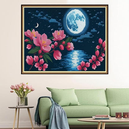Findvoor Stamped Cross Stitch Kits for Beginners Full Range of Cross Stitching Embroidery Pattern for Adults, 11CT DIY Needlepoint Embroidery Starter Kits-Moon Peach Blossom 15.7x19.7 inch
