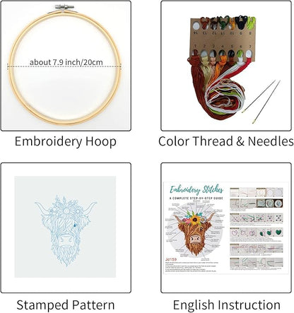 Louise Maelys Animal Embroidery Kits for Beginners with Highland Cow Pattern,Adults Starter Cross Stitch Kit DIY Needlepoint