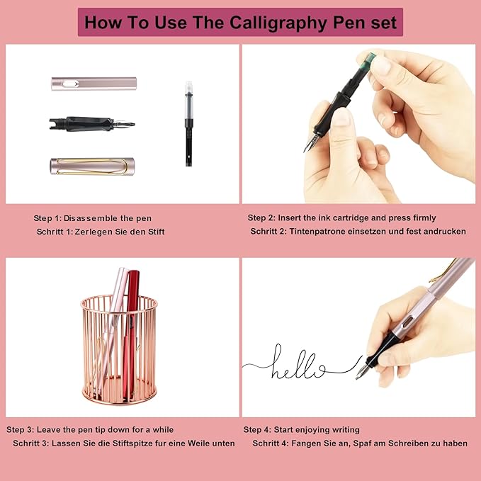 TIANREN Calligraphy Pen set,Fountain Pens with 8 Different Replaceable Nibs with 60 Ink Cartridges(12 Colors),Calligraphy set for Beginner Writing Drawing.