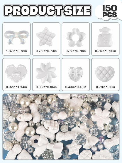 150PCS Acrylic Pastel Beads for Jewelry Making, Kalolary Colorful Bow Butterfly Flower Kawaii Plastic Candy Heart Cute Macaroon Aesthetic Beads for Bracelet Necklace DIY Supplies (White)