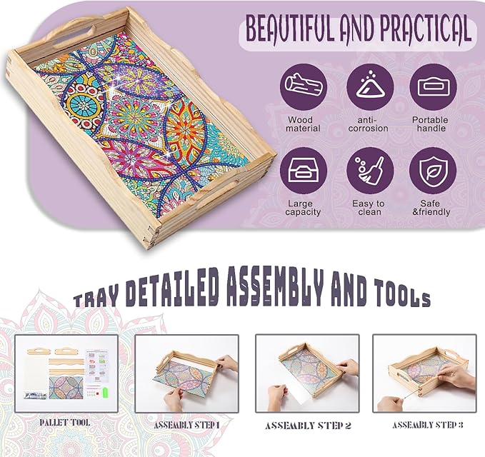 EWJRNSF Diamond Art Kits for Adults Wooden Serving Trays with Handles, 5D Diamond Painting Big Gem Arts and Craft Gifts Trays Decor Gift Home Decor 7.8x11.8 Inches Mandala A