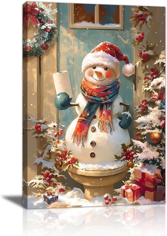 WENGTIAO Funny Christmas Snowman Canvas Wall Art Prints Cute Snowman on Toilet Pictures Posters Winter Scenery Painting Holiday Humor for Bathroom Washroom Xmas Artwork Gifts for Friend Family 16x24in