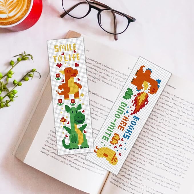 ORIGACH 6 Set Dinosaurs and Aliens Cross Stitch Bookmark Kit for Beginner with Backing Felt Floss Instructions DIY Stamped Embroidery Bookmark Kit for Adults, Book Lovers