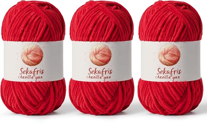 3 Pack Red Chunky Chenille Yarn for Crocheting, Bulky Velvet Yarns for Crochet, Baby Yarn for Crocheting Soft Blanket, 393 yds/10.5 oz Fluffy Amigurumi Crochet Yarn