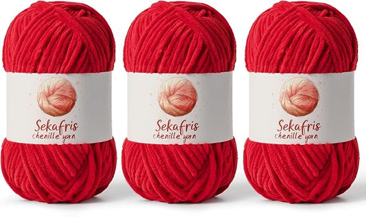 3 Pack Red Chunky Chenille Yarn for Crocheting, Bulky Velvet Yarns for Crochet, Baby Yarn for Crocheting Soft Blanket, 393 yds/10.5 oz Fluffy Amigurumi Crochet Yarn