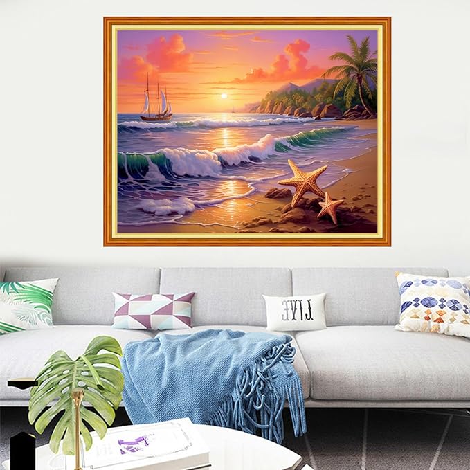 Dooxvey Cross Stitch Kits for Adults Stamped Full Range of Embroidery Starter Kits for Beginners 11CT Printed Cross Stitch Patterns Needlepoint Kits Stamped Crossstitching-Seaside Scenery 16x20 inch