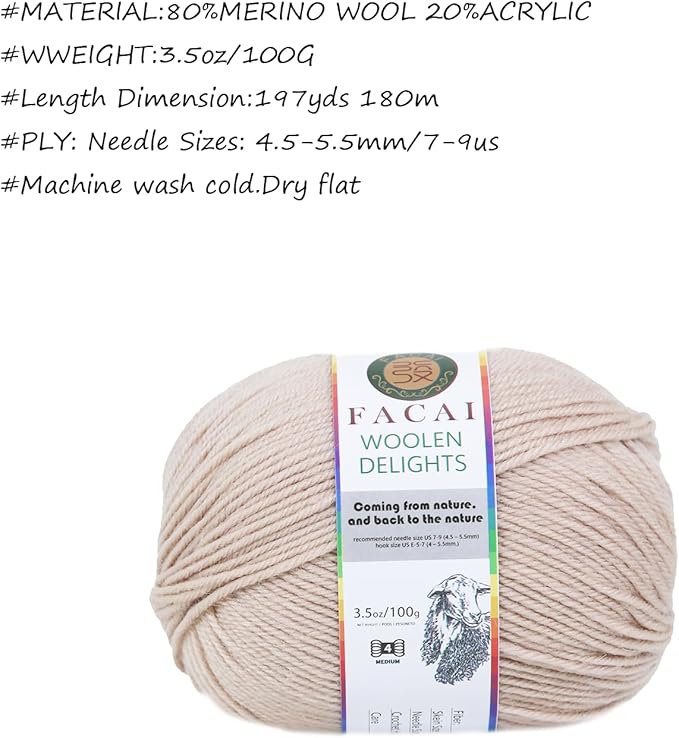 Facai Blend Merino Wool Yarn for Knitting - Worsted Weight,197yds (3.5oz) Ball, Ideal for Sweaters, Scarves, and Accessories (3, Off-White)