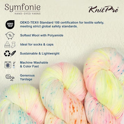 KnitPro Symfonie Hand Dyed Yarn | Extra Fine Merino Wool & Polyamide Blend for Knitting & Crocheting, Fingering Weight, Oeko-TEX Certified 400m, 100g Skein | Terra Variegated Neon Confetti