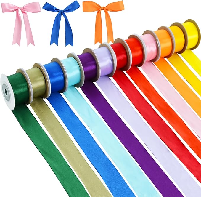 TONIFUL 1 Inch x 60yds Rainbow Satin Ribbon Rolls 12 Colors Solid Color Fabric Ribbons for Gift Wrapping Invitation Floral Hair Balloons Bows Craft Sewing Party Wedding Birthday Decoration (5yd/Roll)