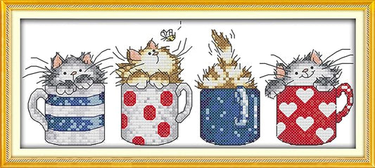 Funcrostitch Counted Cross Stitch Kits for Beginners,14ct Unprinted Pattern Embroidery Kit Dmc Cotton Threads Needleworks for Adults-Cats Hide in The Cups 11.4"×5.1"