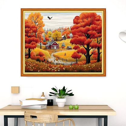 Dimensean Stamped Cross Stitch Kits Full Range of Embroidery Patterns Starter Kits for Beginners Adult DIY Cross Stitches Needlepoint Kits 11CT-Deep Autumn Scenery 16x20 inch