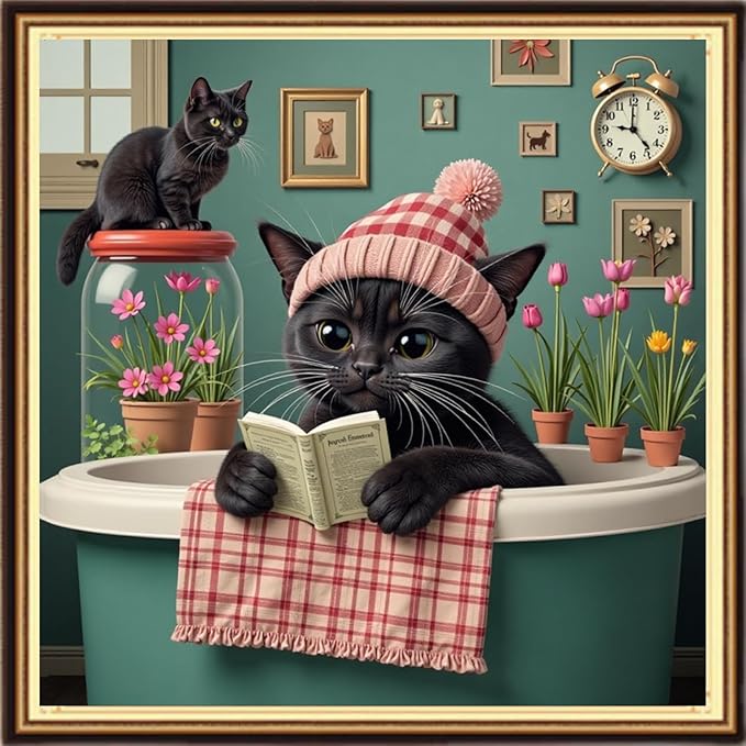 DMCVIVR Stamped Cross Stitch Kits for Adults Beginners Embroidery Kits 11CT Needlepoint Kits Cross Stitch Patterns Embroidery Patterns-Cat Reading 18x18 inch