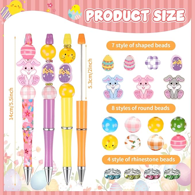 Geyee 12 Set Plastic Beadable Pens Assorted Bead Pens Crystal Wood Round Spacer Set Black Ink DIY Ballpoint for Women Men Gift Office Supplies(Rabbit)