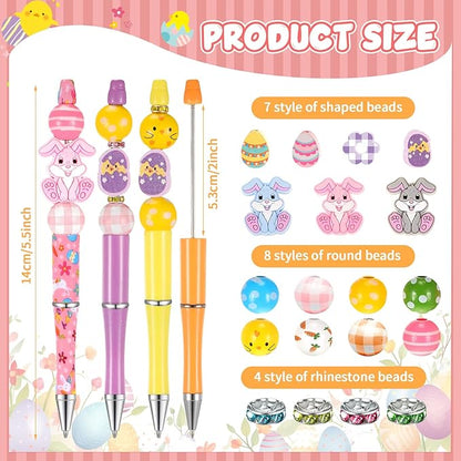 Geyee 12 Set Plastic Beadable Pens Assorted Bead Pens Crystal Wood Round Spacer Set Black Ink DIY Ballpoint for Women Men Gift Office Supplies(Rabbit)