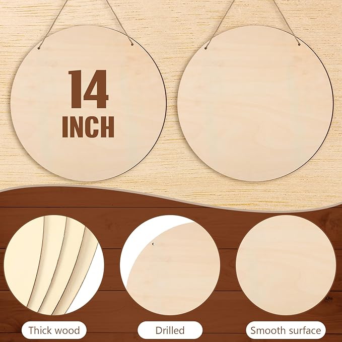 Suzile 20 Pcs Blank Wood Rounds Unfinished Wooden Crafts Signs Circles Discs for DIY Christmas Home Decor Painting Door Hanger Design (14 Inch)