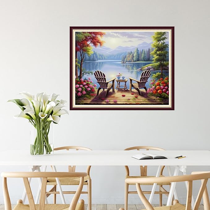 Joycasa Stamped Cross Stitch Kits for Beginners Full Range of Cross Stitching 11 CT Printed Cross Stitch Kit for Adults Cross-Stitch Patterns Needlepoint Kits- Tea and Rest by The Lake 16x20 inchs