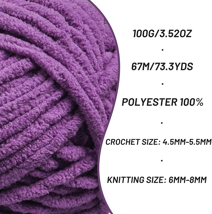 Chunky Chenille Yarn for Crocheting，Baby Yarn for Crocheting Soft Blankets，Bulky Yarns for Crochet Amigurumi，3×100g (3×74.3yds) Fluffy Velvet Yarns for Hand Knitting (3 Purple)