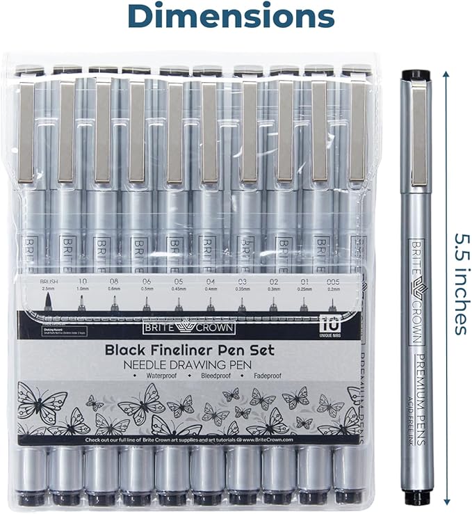 Brite Crown Drawing and Sketching Pens Set - 10 Black Fineliner Pens 0.2mm to 1.0mm Width Tips & 2.5mm Micro Calligraphy Brush-tip Pen, Ideal Gift Idea for Artists and Beginners