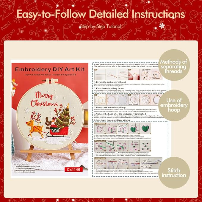 Christmas Embroidery Kits: 1 Pack Cross Stitch Kit for Beginners Adults, DIY Ornaments Craft Kit with All Tools & Instructions, Stamped Hand Embroidery Starter Kit for Holiday Crafts & Xmas Home Decor
