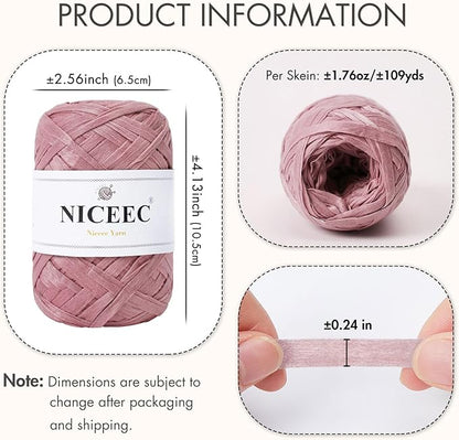 NICEEC 6 Skeins Soft Tape Yarn, Easy Crohcet Raffia, Crochet & Knitting, Paper Ribbon Yarn for DIY Craft Gift Wrapping Total Length 1.76oz×6/109yds×6 - Pink