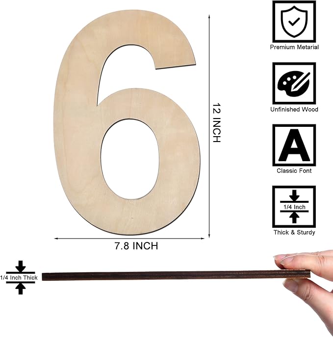 12 Inch Wooden Number 6, 1/4 Inch Thick Large Unfinished Wood Number for Home Wall Decor, DIY Crafts