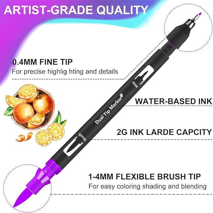 Oficrafted Brush Pens, 105 Colors Dual Tip Markers for Adult Coloring Books, Note Taking and Lettering
