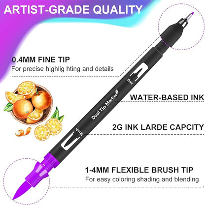 Oficrafted Brush Pens, 105 Colors Dual Tip Markers for Adult Coloring Books, Note Taking and Lettering