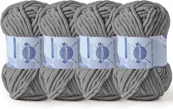 Chunky Chenille Yarn for Crocheting，Baby Yarn for Crocheting Soft Blankets，Bulky Yarns for Crochet Amigurumi，4×100g (4×74.3yds) Fluffy Velvet Yarns for Hand Knitting (4 Dark Gray)