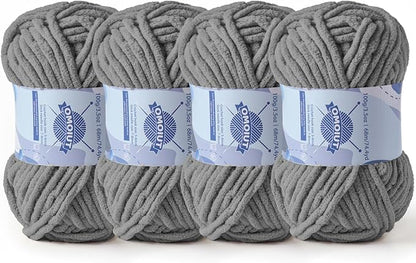 Chunky Chenille Yarn for Crocheting，Baby Yarn for Crocheting Soft Blankets，Bulky Yarns for Crochet Amigurumi，4×100g (4×74.3yds) Fluffy Velvet Yarns for Hand Knitting (4 Dark Gray)