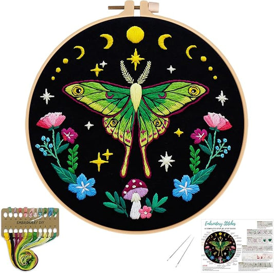 Nuberlic Moth Embroidery Kits for Beginners - Embroidery Starter Cross Stitch Kit DIY Needlepoint Including Cloth with Pattern, Hoop, Needles Instruction and Threads
