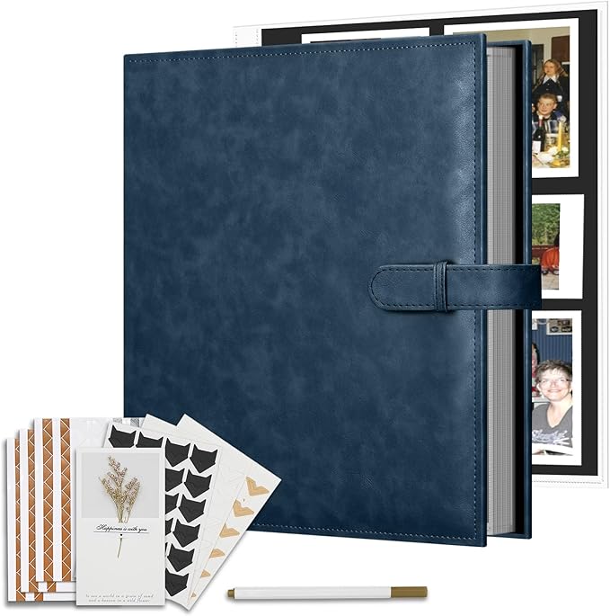 Vienrose 13x11 Inch 3 Ring DIY Scrapbook Album Gift Set, Faux Leather Cover Blank Scrapbooks Photobook with 30 Plastic Sleeves 60 Black Pages for Valentine Gift Wedding Family Anniversary Navy Blue