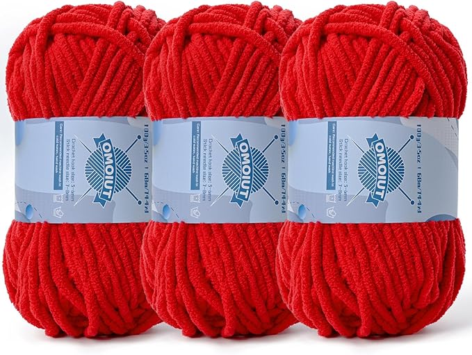 Chunky Chenille Yarn for Crocheting，Baby Yarn for Crocheting Soft Blankets，Bulky Yarns for Crochet Amigurumi，3×100g (3×74.3yds) Fluffy Velvet Yarns for Hand Knitting (3 Red)
