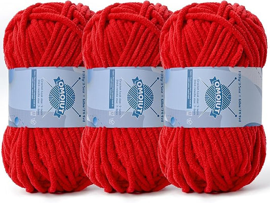Chunky Chenille Yarn for Crocheting，Baby Yarn for Crocheting Soft Blankets，Bulky Yarns for Crochet Amigurumi，3×100g (3×74.3yds) Fluffy Velvet Yarns for Hand Knitting (3 Red)