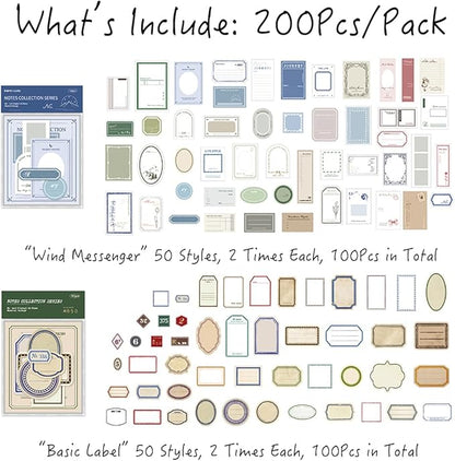 SIBLYMONA 200Pcs Vintage Memo Material Pack Memo Collection Series for Scrapbooking, Junk Journal Supplies DIY Art Crafts Bullet Journal Diary Album Planne (Multicolor)