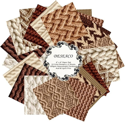 DESEACO 24 Sheets Knitting Wool Decorative Scrapbooking Paper Pad 6x6 Craft Paper Single-Side Card Making Supplies for Junk Journal, Holiday Journaling, Brown, Earth Tone and White