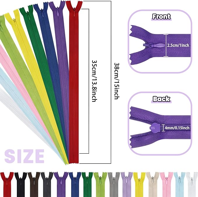 Invisible Zippers for Sewing, DOITEM 45pcs 35CM / 14 Inch Invisible Multicolor Nylon Coil Zippers for Sewing and Crafts 15 Colors