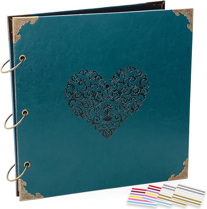 ADVcer Photo Album DIY Scrapbook - 12x12 inch 50 Pages Vintage Leather Cover Three-Ring Binder Love Picture Booth Albums with 408pcs Self Adhesive Photos Corners for Memory Keep, Heart (Jasper Green)