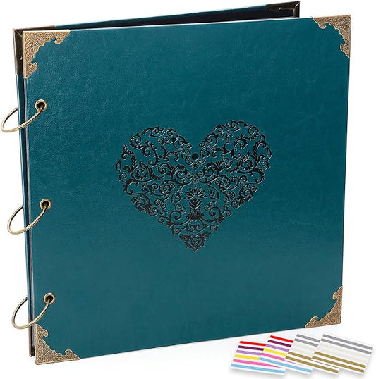ADVcer Photo Album DIY Scrapbook - 12x12 inch 50 Pages Vintage Leather Cover Three-Ring Binder Love Picture Booth Albums with 408pcs Self Adhesive Photos Corners for Memory Keep, Heart (Jasper Green)